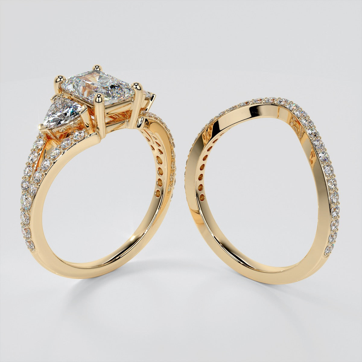 Three-Stone Radiant Cut Trio Wedding Set with Split Shanks
