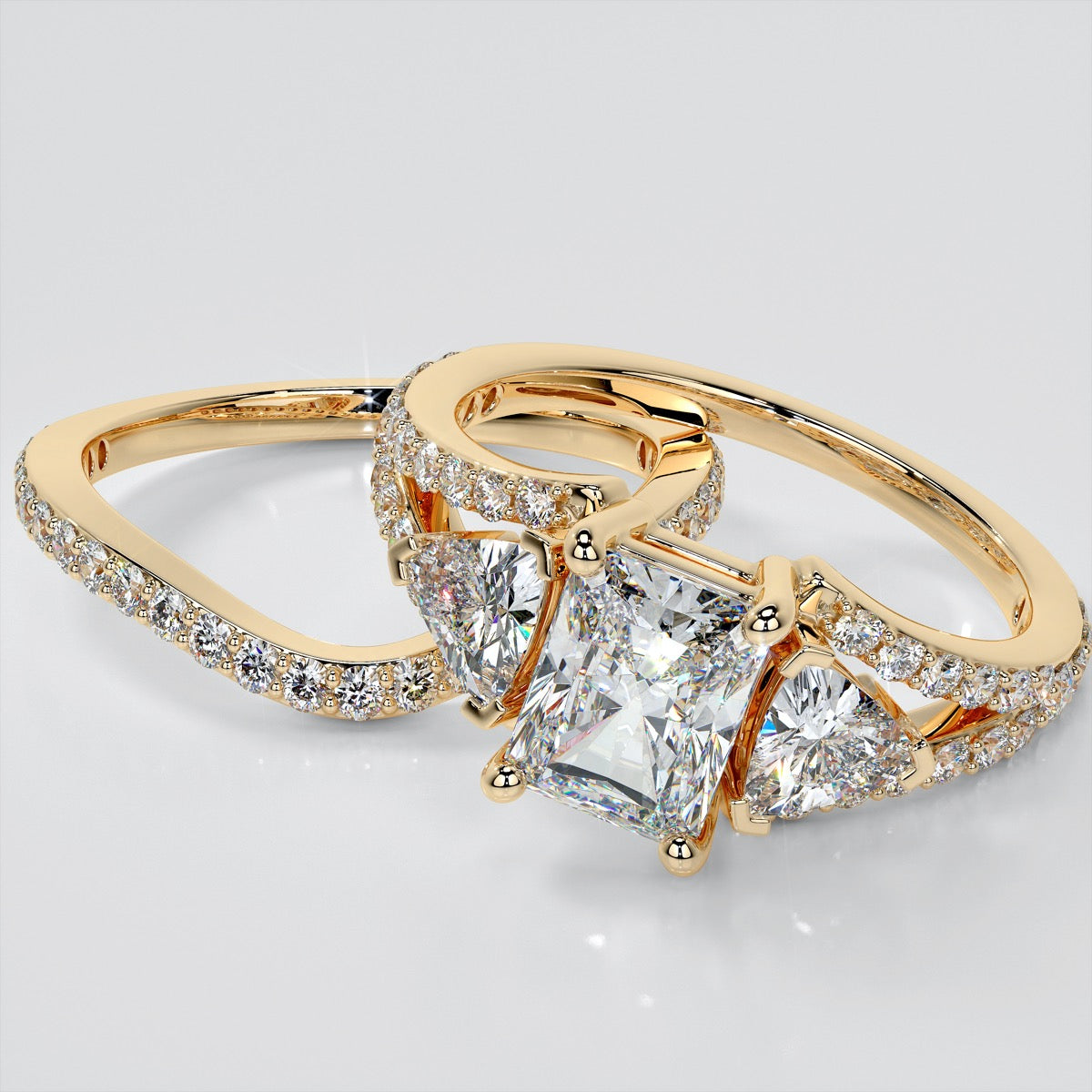 Three-Stone Radiant Cut Trio Wedding Set with Split Shanks