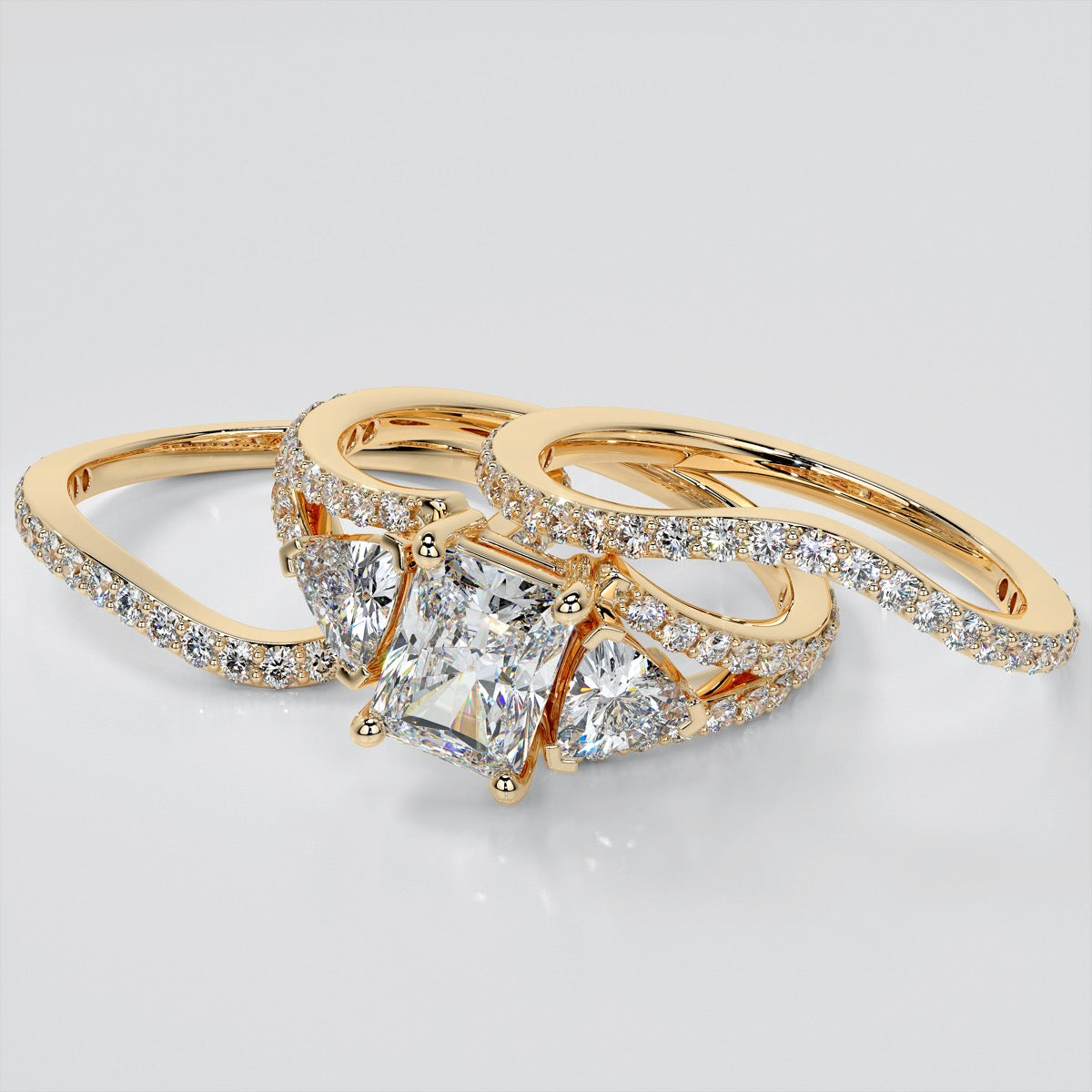 Three-Stone Radiant Cut Trio Wedding Set with Split Shanks