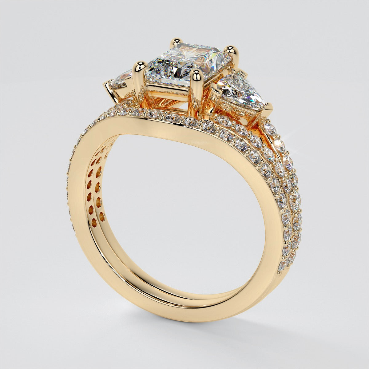 Three-Stone Radiant Cut Trio Wedding Set with Split Shanks