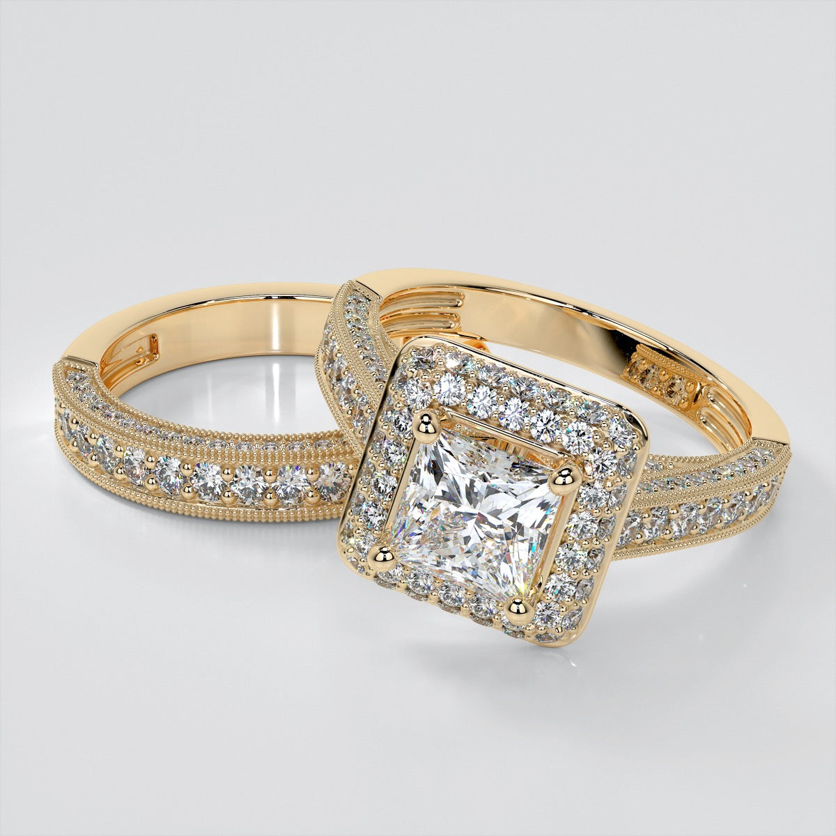 Vintage Crisscross Style Princess Cut Cathedral Trio Wedding Set