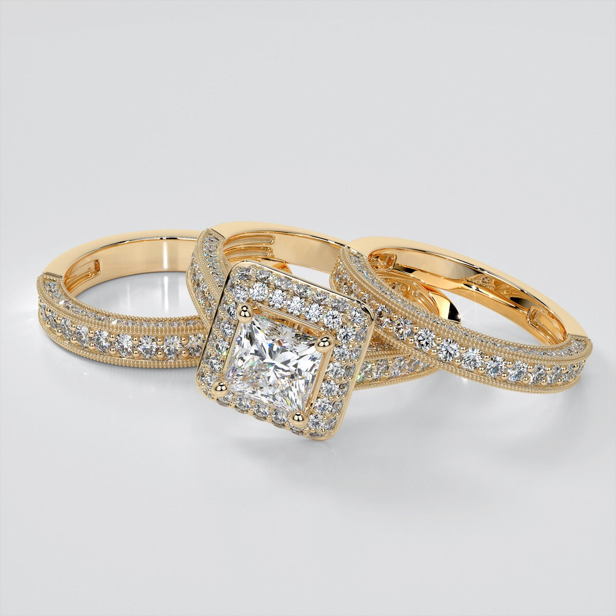 Vintage Crisscross Style Princess Cut Cathedral Trio Wedding Set