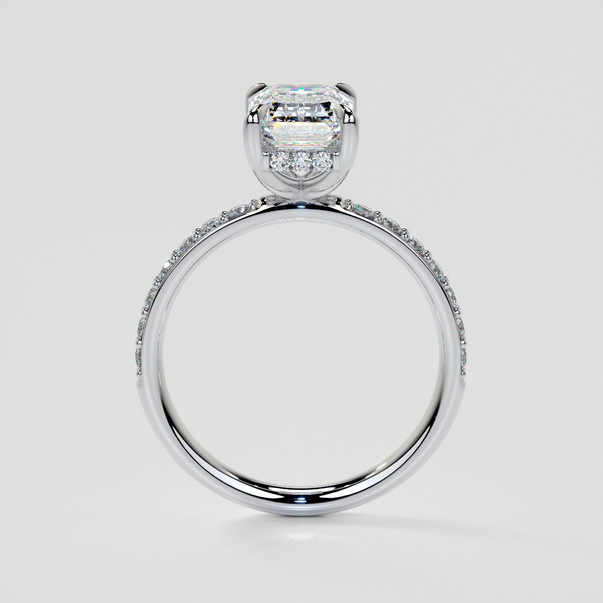 Lab Grown Diamond Emerald Cut Hidden Halo Engagement Ring with Accents