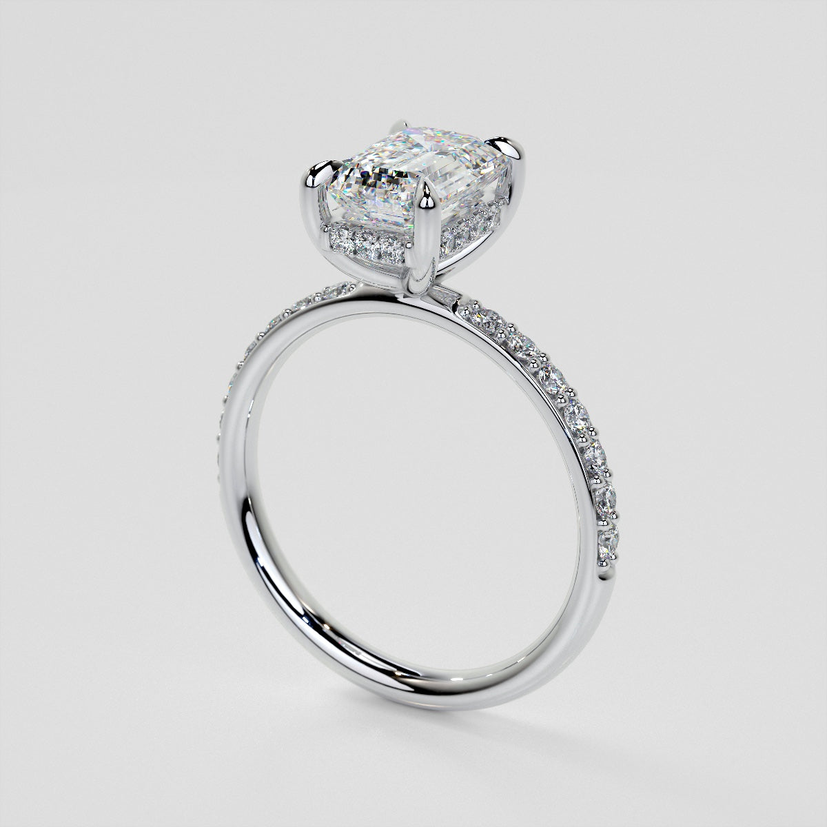 Lab Grown Diamond Emerald Cut Hidden Halo Engagement Ring with Accents