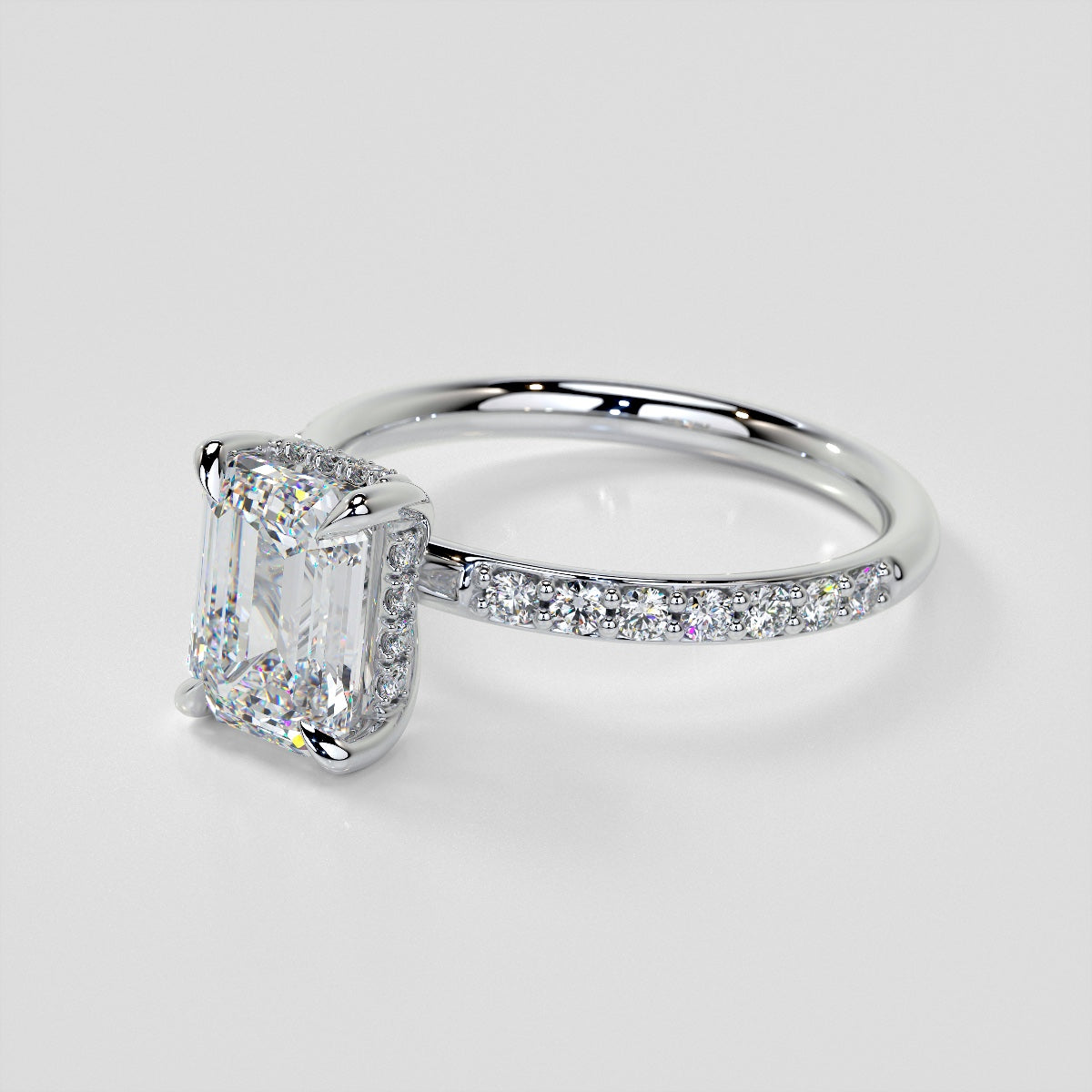 Lab Grown Diamond Emerald Cut Hidden Halo Engagement Ring with Accents