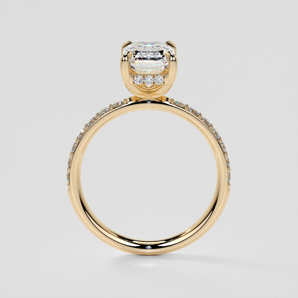 Lab Grown Diamond Emerald Cut Hidden Halo Engagement Ring with Accents