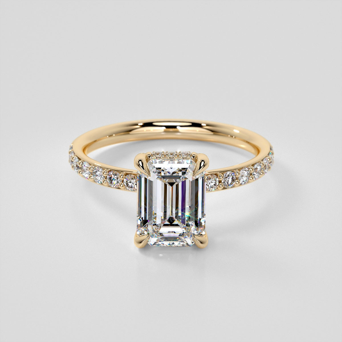Lab Grown Diamond Emerald Cut Hidden Halo Engagement Ring with Accents