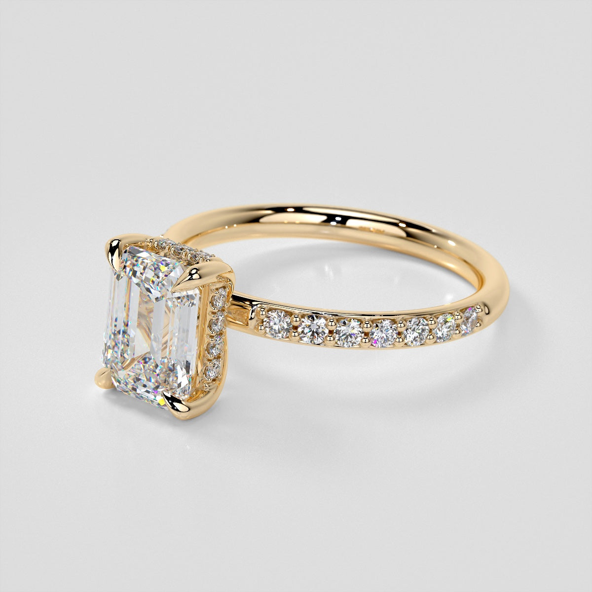 Emerald Cut Hidden Halo Engagement Ring with Accents