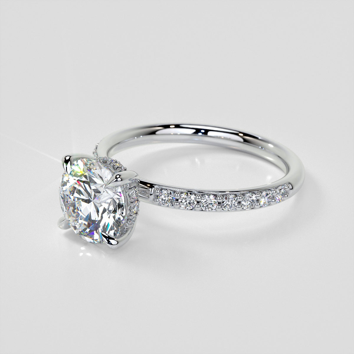 Lab Grown Diamond Round Cut Hidden Halo Engagement Ring with Accents