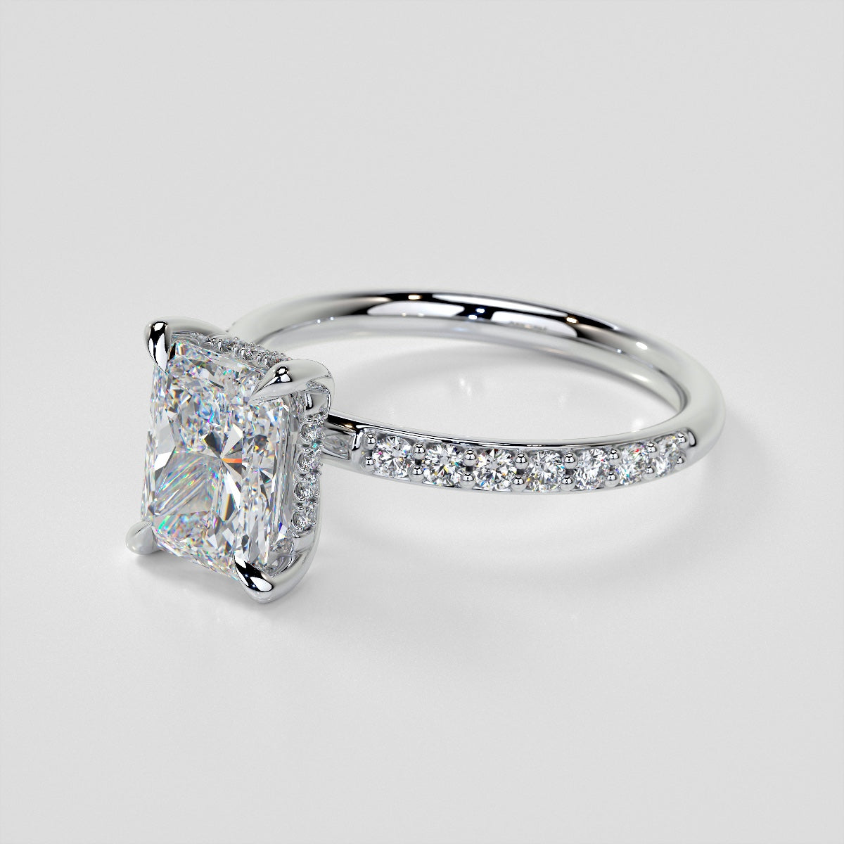 Lab Grown Diamond Radiant Cut Hidden Halo Engagement Ring with Accents