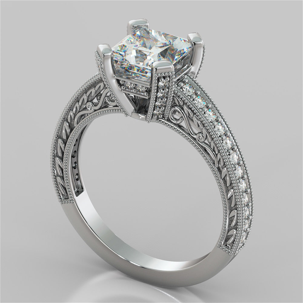 Lab Grown Diamond Princess Cut Filigree Engagement Ring with Accents
