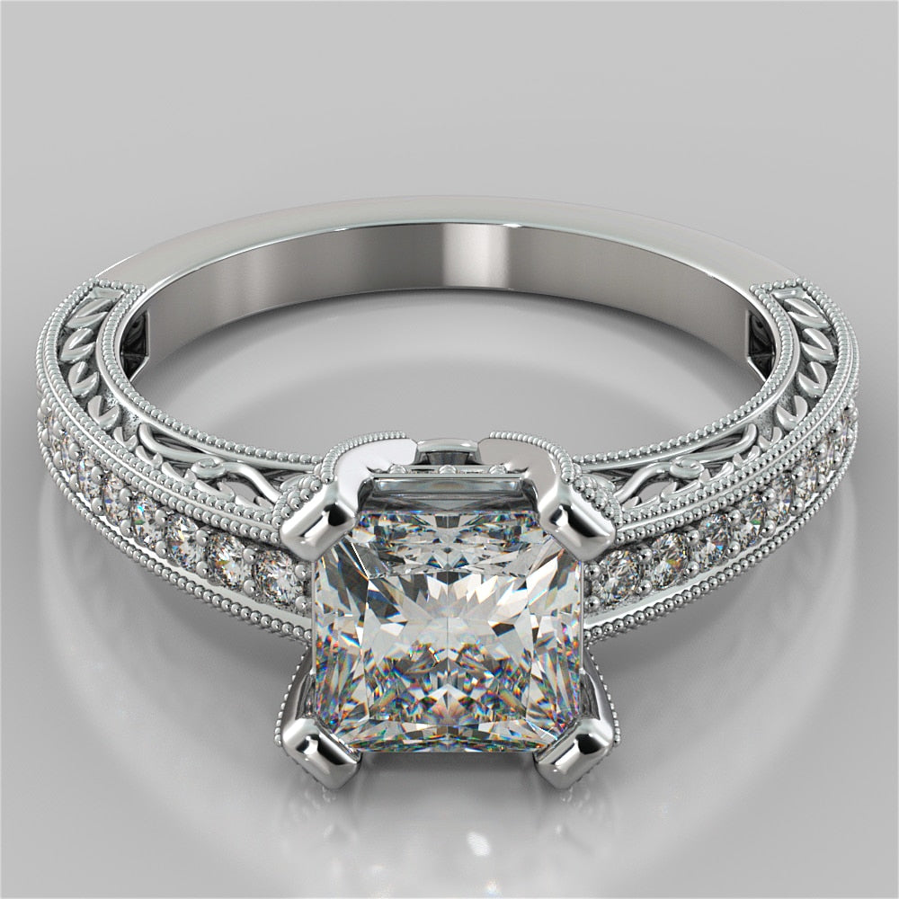 Filigree Style Princess Cut Trio Wedding Set with Round Accents
