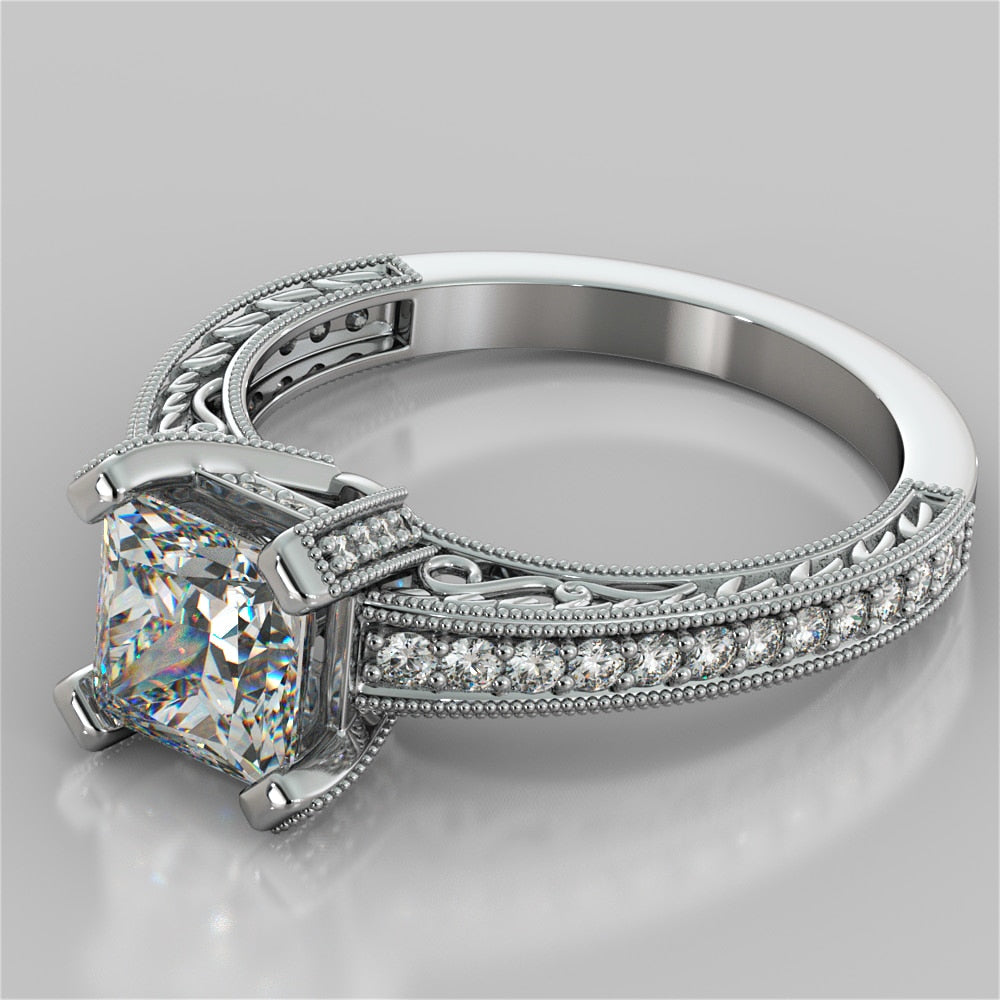 Lab Grown Diamond Princess Cut Filigree Engagement Ring with Accents