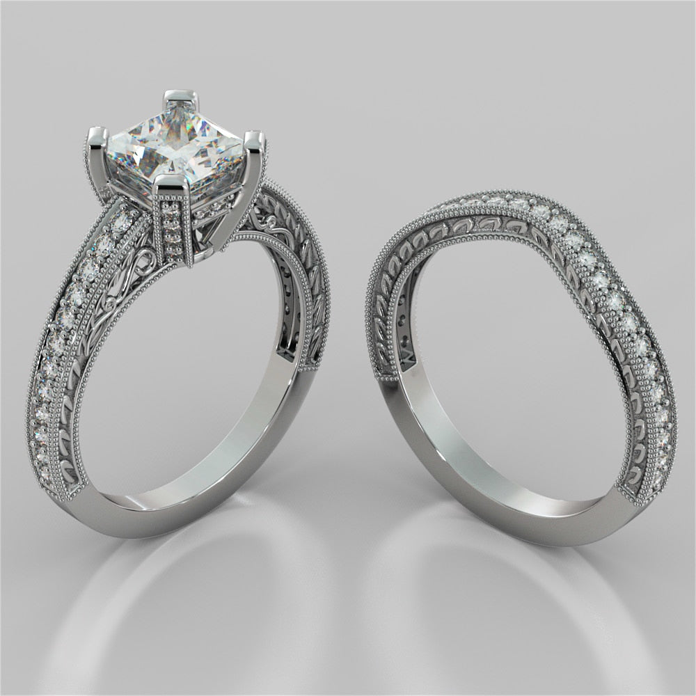 Antique Style Princess Cut Filigree Wedding Set with Accents