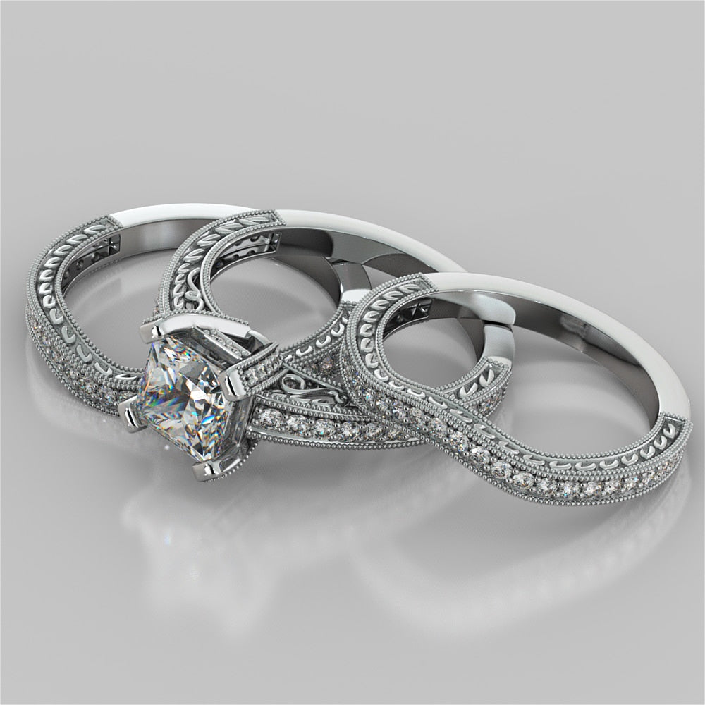 Antique Style Princess Cut Filigree Wedding Set with Accents