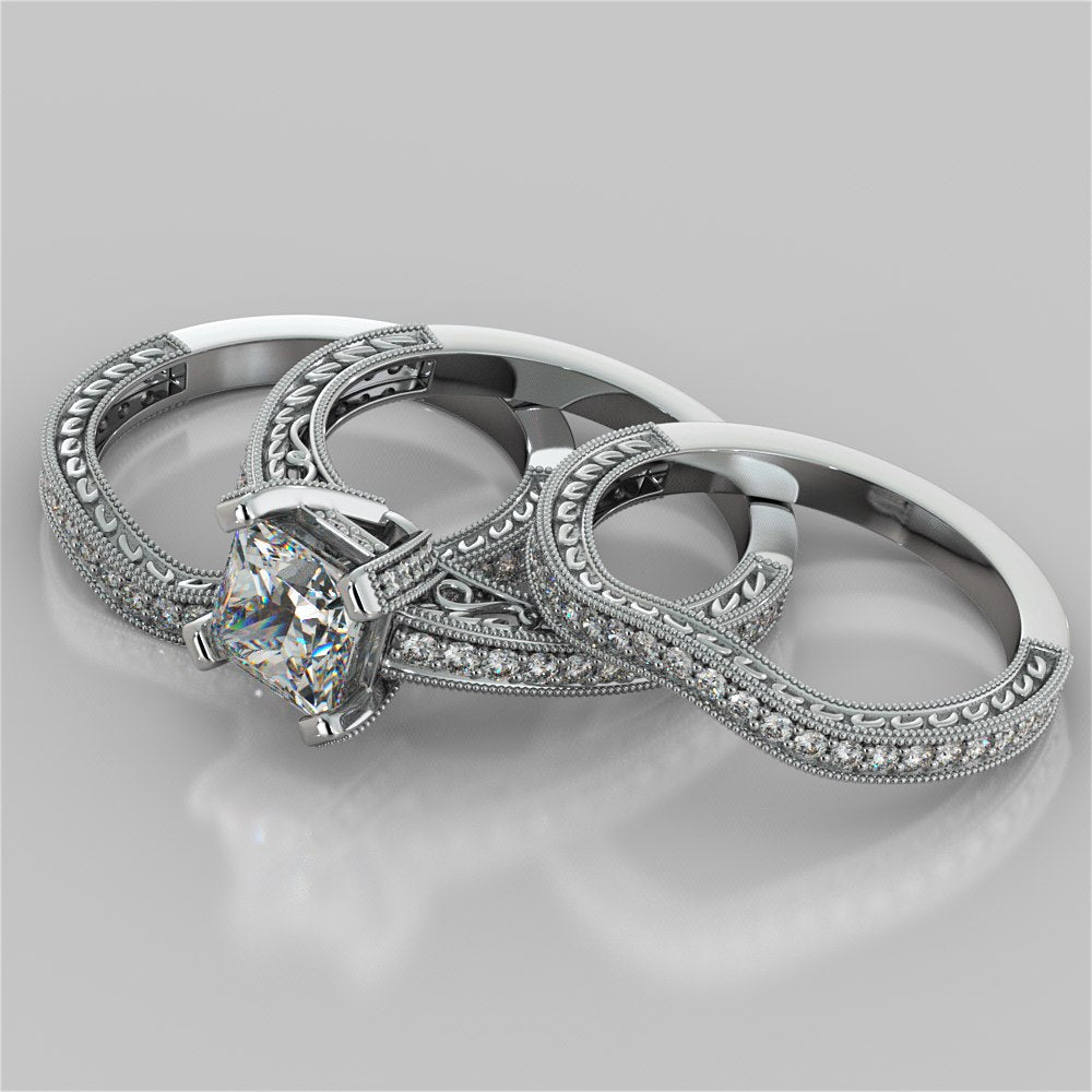 Filigree Style Princess Cut Trio Wedding Set with Round Accents