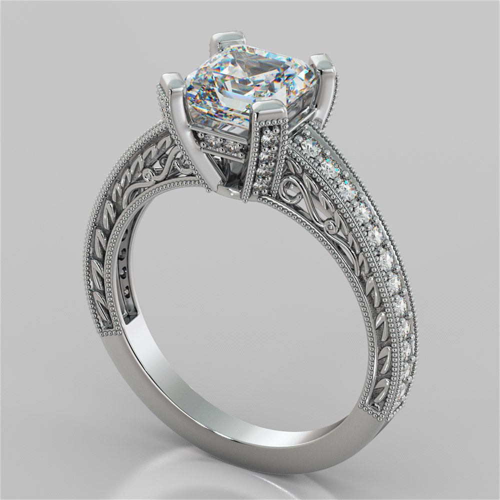 Lab Grown Diamond Filigree Style Asscher Cut Engagement Ring with Accents