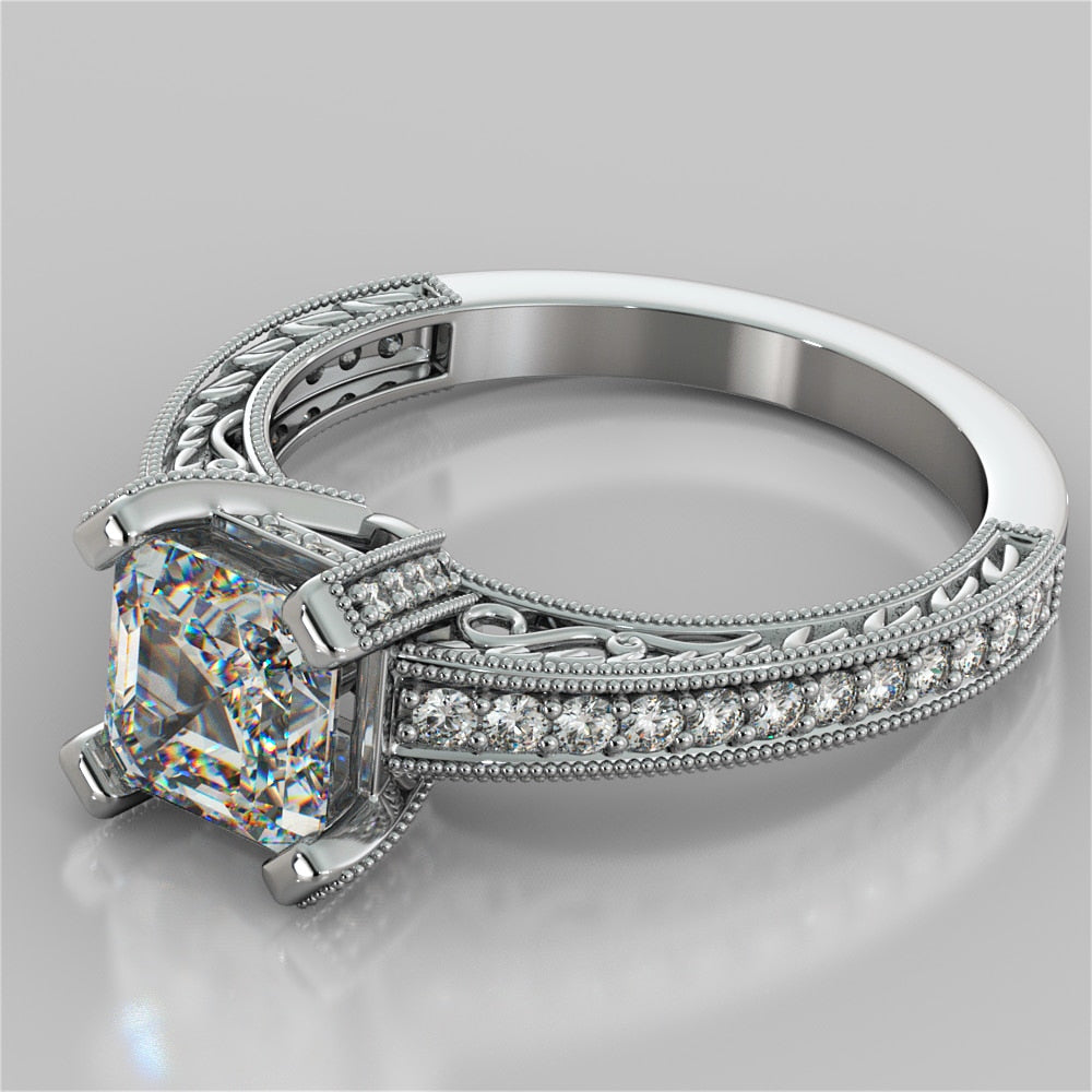 Lab Grown Diamond Filigree Style Asscher Cut Engagement Ring with Accents