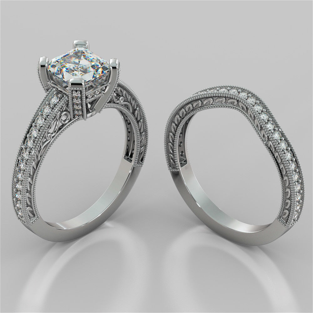 Lab Grown Diamond Filigree Style Asscher Cut Engagement Ring with Accents