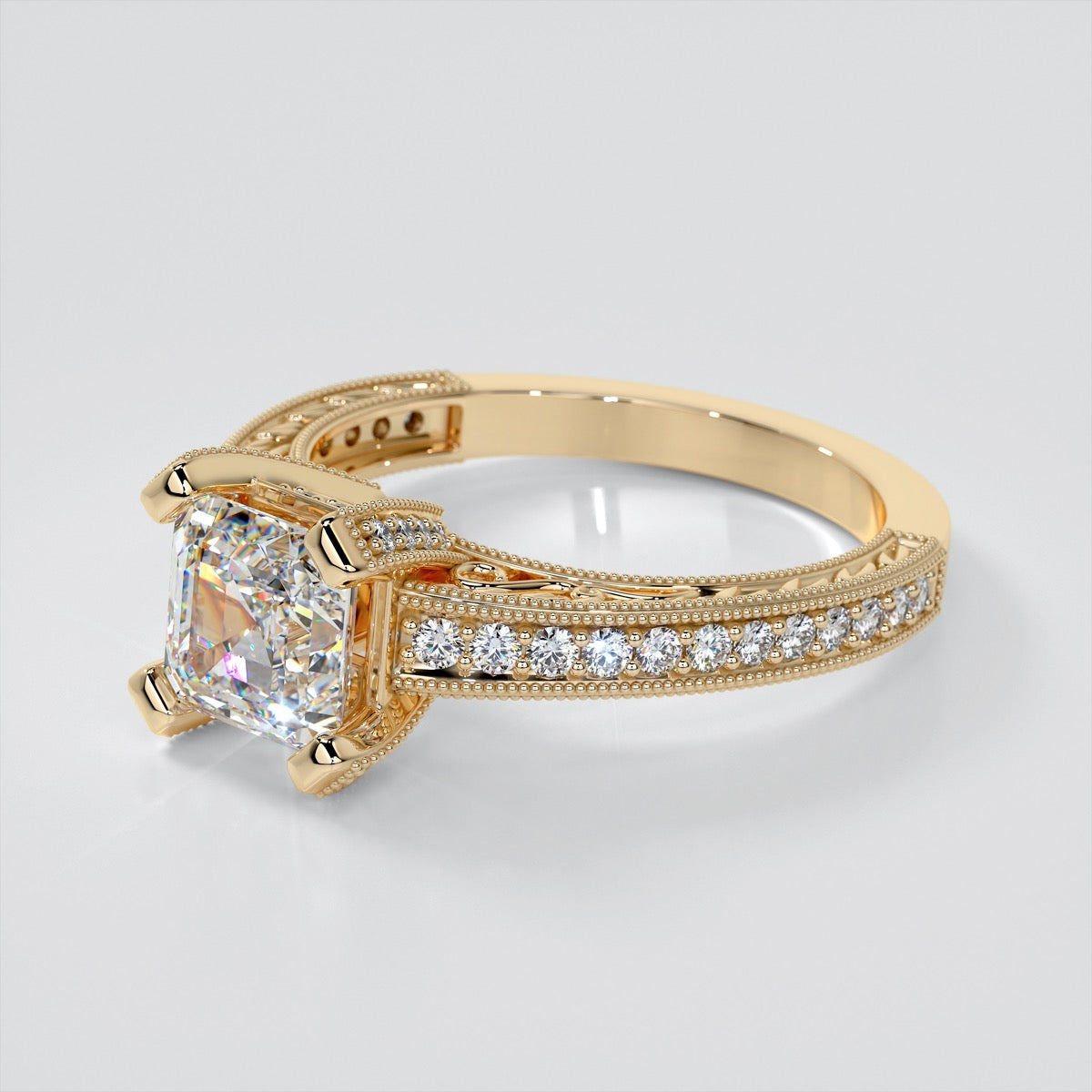 Asscher Cut Trio Wedding Set with Tapered Filigree Shoulders and Round Accents
