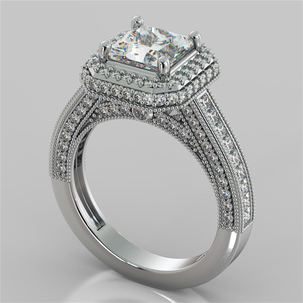 1.5Ct Princess Cut Lab Grown Diamonds Pavé-Style Cathedral Engagement Ring
