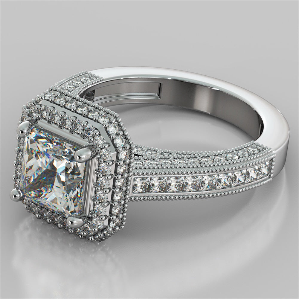 1.5Ct Princess Cut Lab Grown Diamonds Pavé-Style Cathedral Engagement Ring