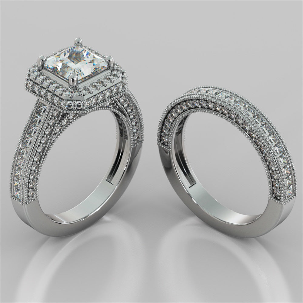 1.5Ct Princess Cut Lab Grown Diamonds Pavé-Style Cathedral Engagement Ring