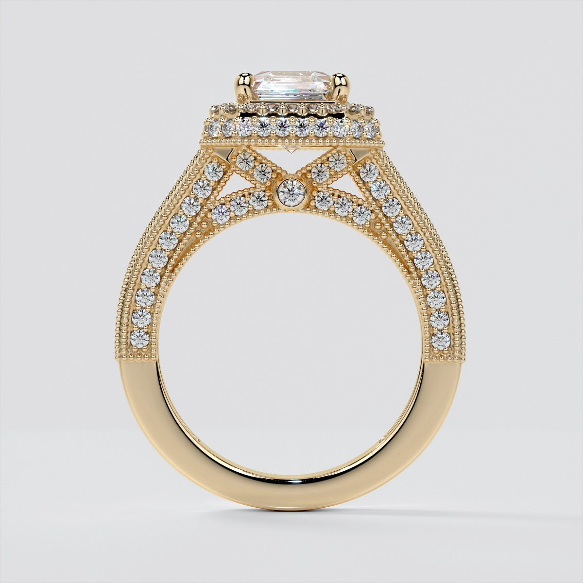 Vintage Style Pavé Double Halo Asscher Cut Cathedral Trio Wedding Set