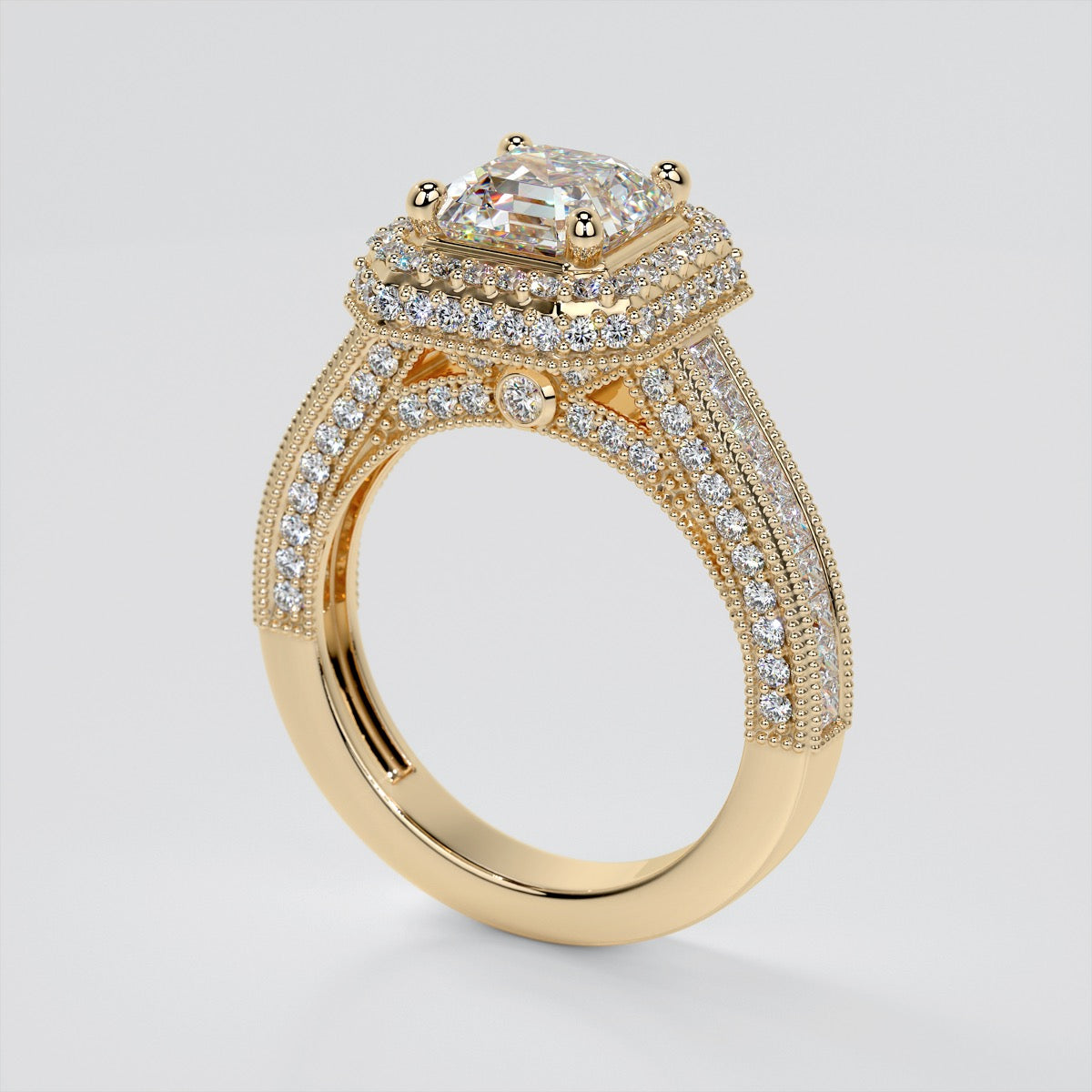 Vintage Style Pavé Double Halo Asscher Cut Cathedral Trio Wedding Set