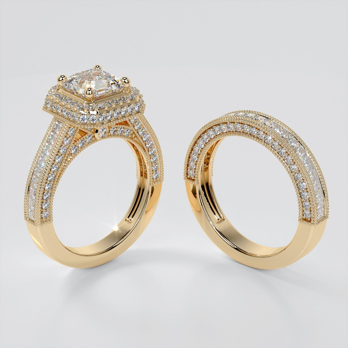 Vintage Style Pavé Double Halo Asscher Cut Cathedral Trio Wedding Set