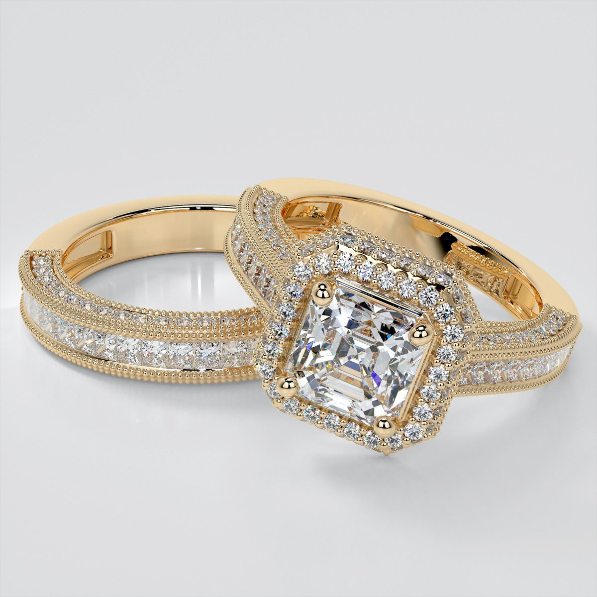 Vintage Style Pavé Double Halo Asscher Cut Cathedral Trio Wedding Set