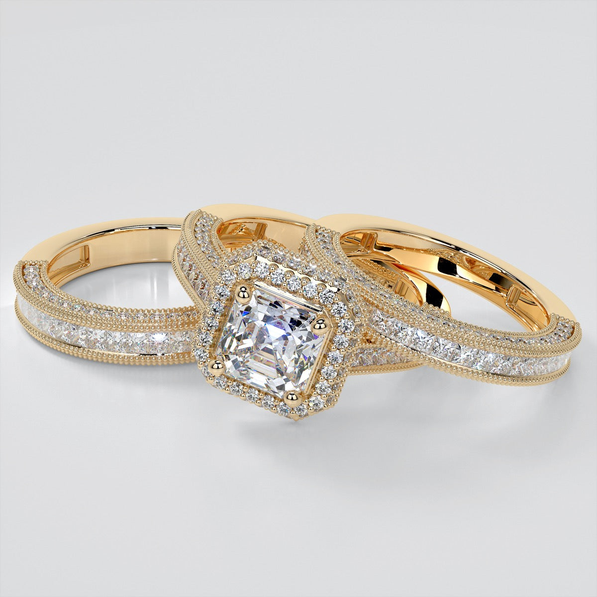 Vintage Style Pavé Double Halo Asscher Cut Cathedral Trio Wedding Set