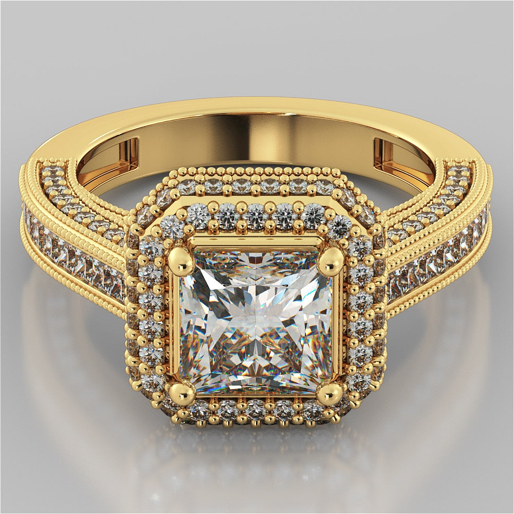 1.5Ct Princess Cut Lab Grown Diamonds Pavé-Style Cathedral Engagement Ring