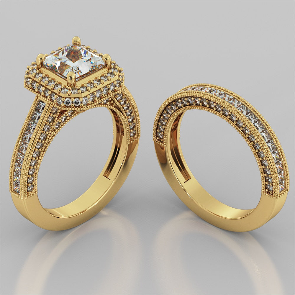 Two-Tier Pavé-Style Halo Princess Cut Cathedral Wedding Set