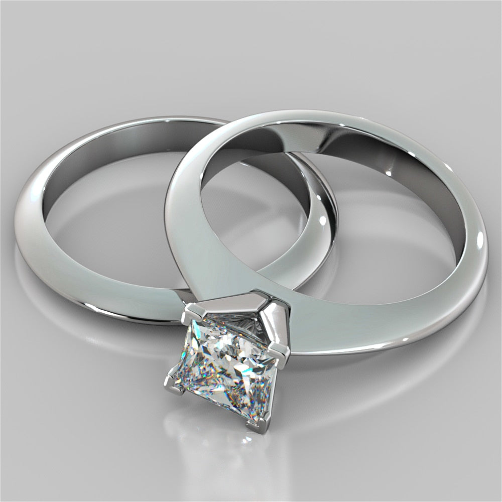 Knife Edge Princess Cut Wedding Set with Comfort Fit Band
