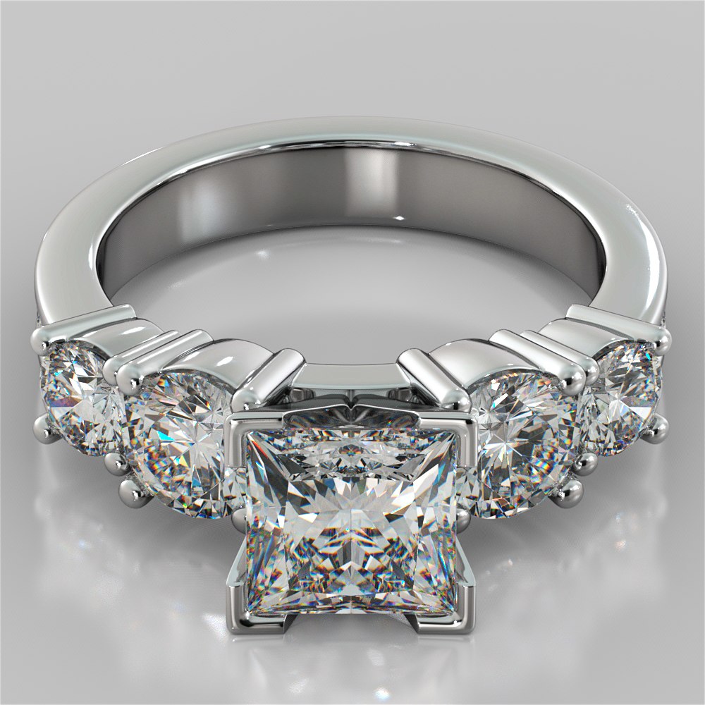 3.11Ct Princess Cut 5-Stone Engagement Ring with Accents in 14K White Gold