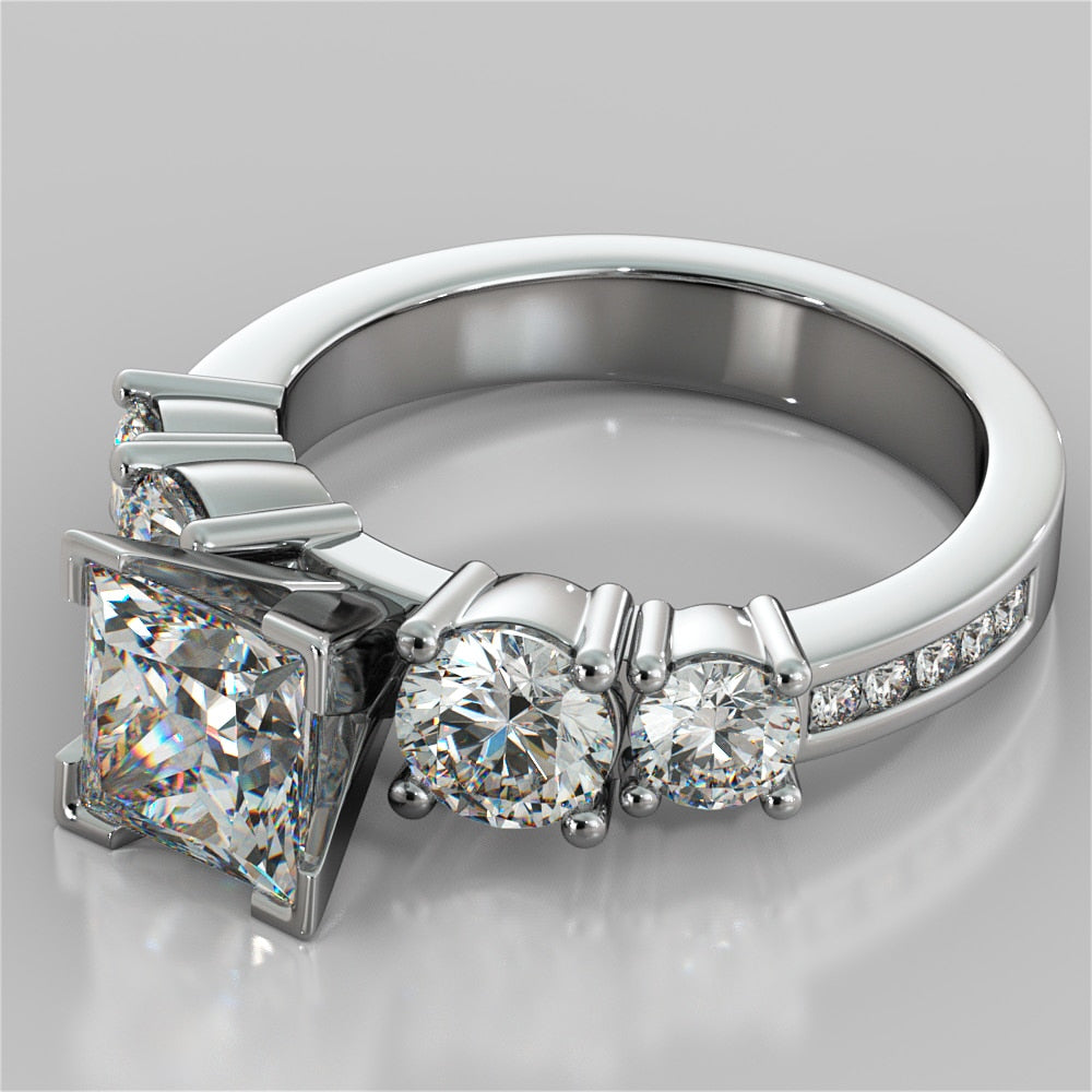 3.11Ct Princess Cut 5-Stone Engagement Ring with Accents in 14K White Gold