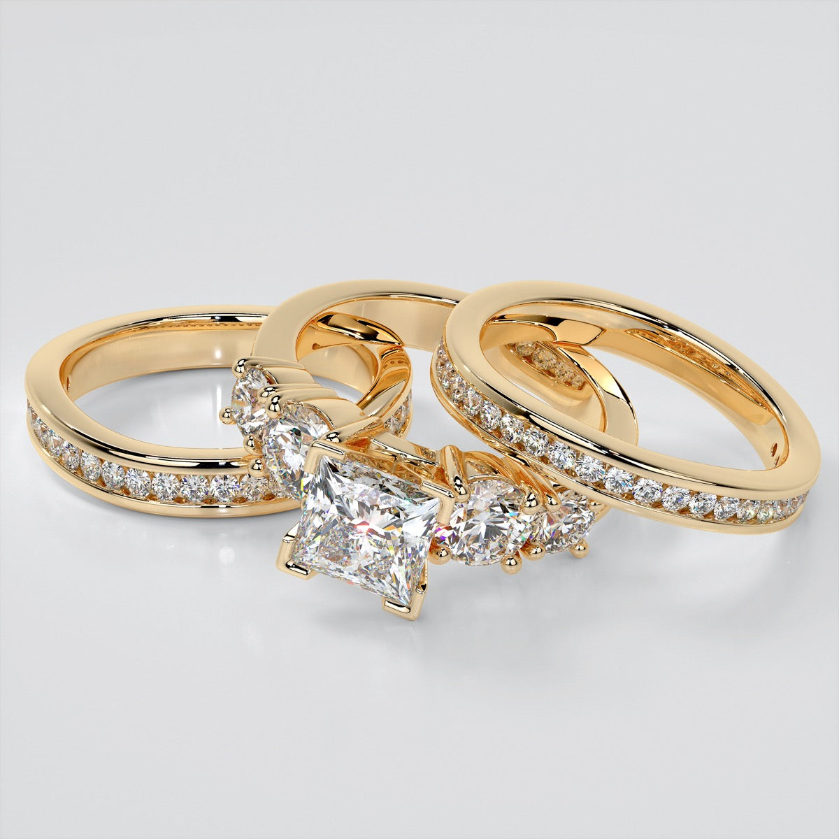 5-Stone Princess Cut Trio Wedding Set with Channel Set Accents