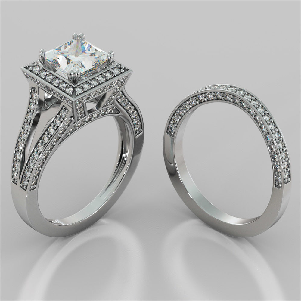Split Shank Princess Cut Wedding Set with Accents