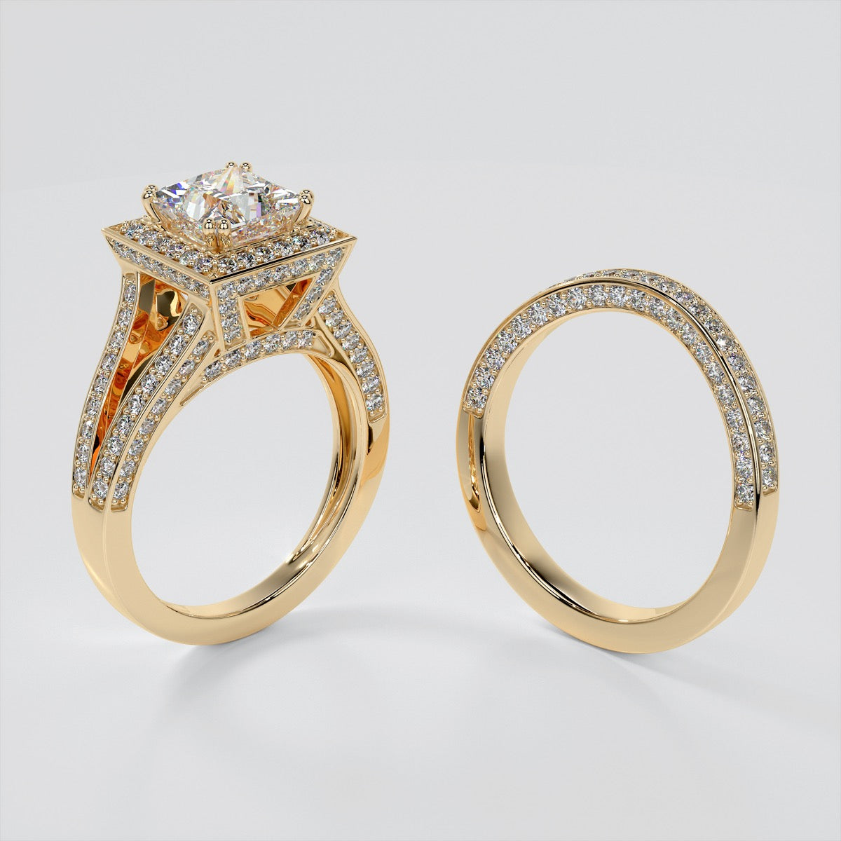 Princess Cut Trio Wedding Set with Accented Split Shanks