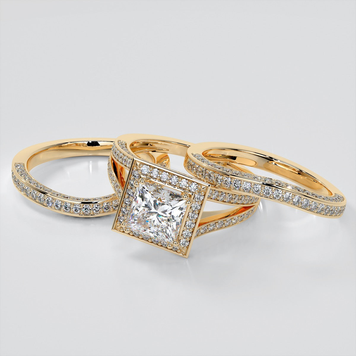 Princess Cut Trio Wedding Set with Accented Split Shanks