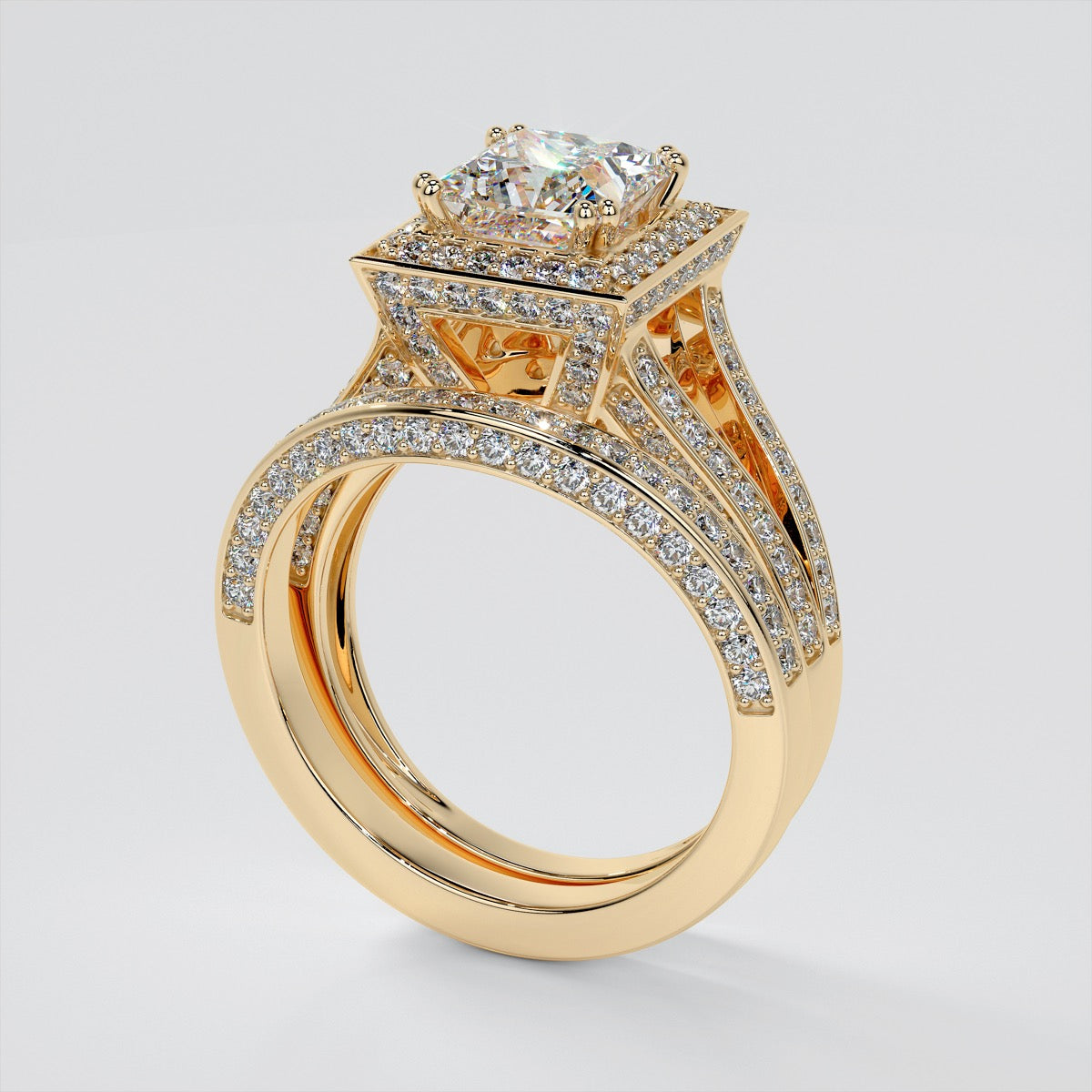 Princess Cut Trio Wedding Set with Accented Split Shanks