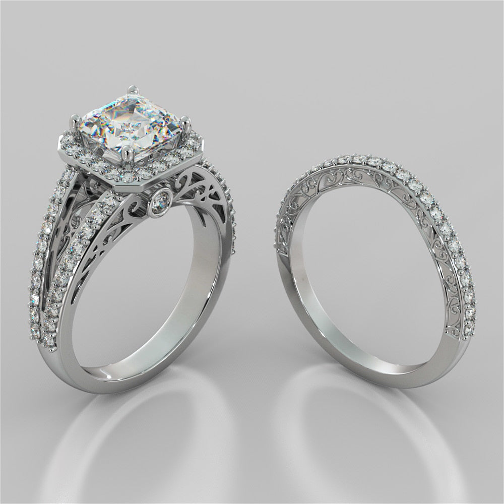 2.42Ct Asscher Cut Lab Grown Diamond Split Shank Wedding Set