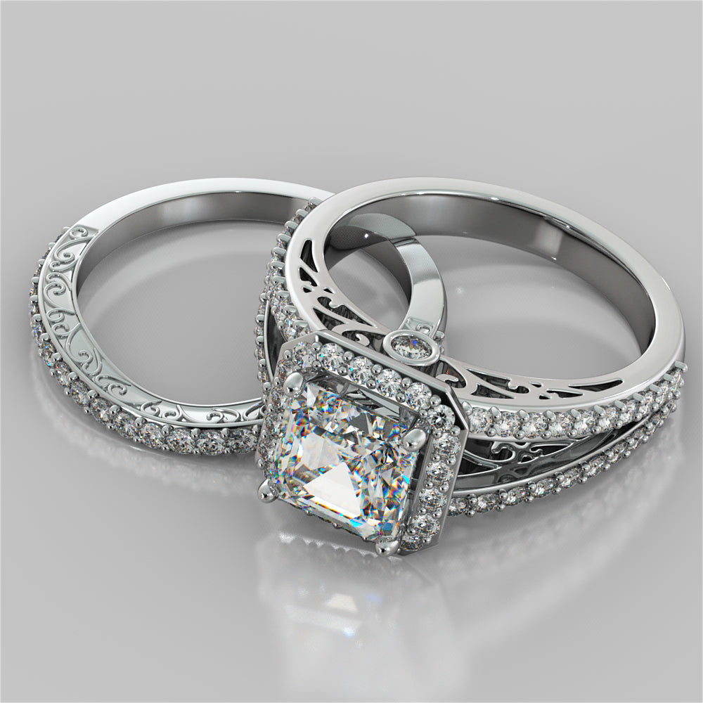 2.42Ct Split Shank Asscher Cut Wedding Set in 14K White Gold