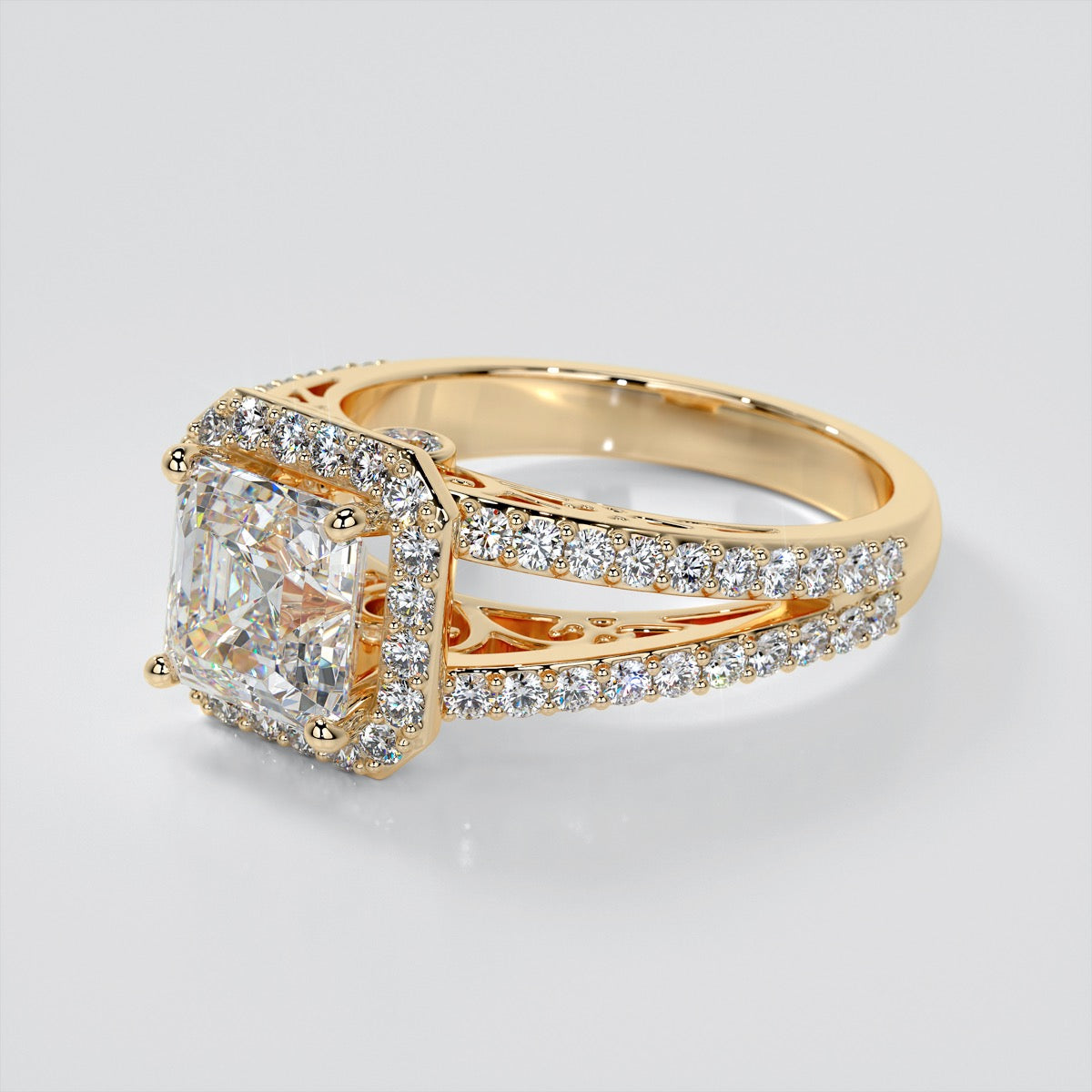 Asscher Cut Split Shank Engagement Ring with Filigree Setting