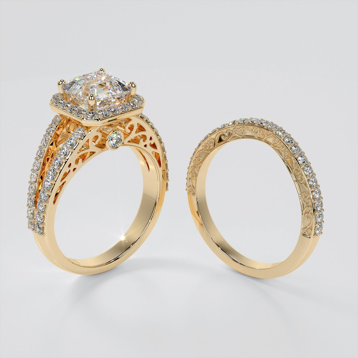 Asscher Cut Split Shank Engagement Ring with Filigree Setting