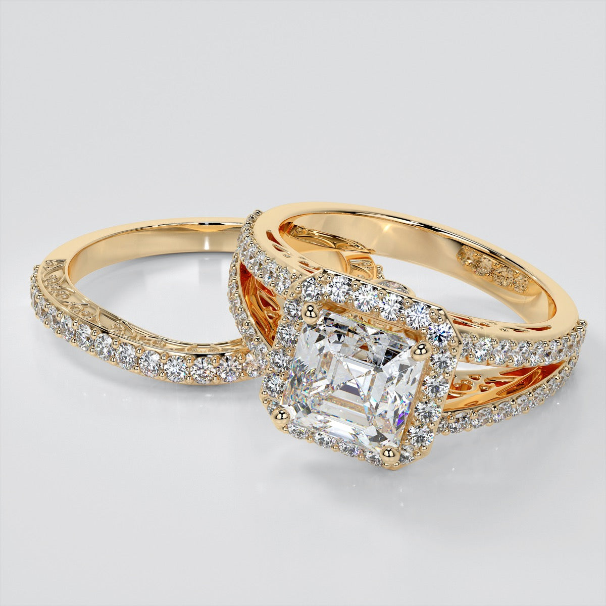 Split Shank Asscher Cut Wedding Set with Filigree Design