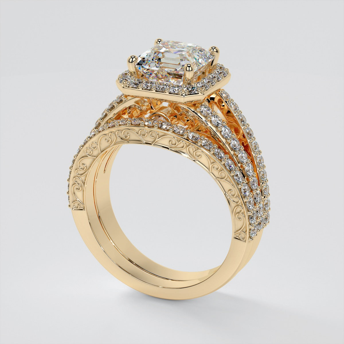 Asscher Cut Split Shank Engagement Ring with Filigree Setting