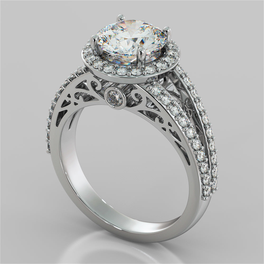 2.19Ct Round Cut Engagement Ring with Filigree in 14K White Gold