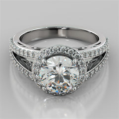 Silver ring with a large diamond and smaller diamonds on a gray background